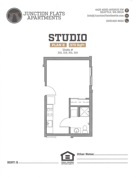Floor plan for studio, 1 bath, 375 sqft